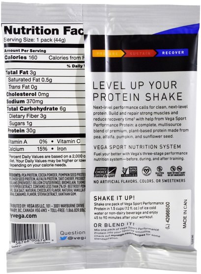 健康 - Vega, Sport, Performance Protein Drink Mix, Chocolate Flavor, 1.6 oz (44 g)