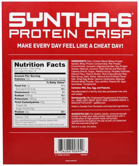 運動蛋白質，運動，蛋白質棒 - BSN, Syntha-6 Protein Crisp, Peanut Butter Crunch Flavor, 12 Bars, 1.97 oz (56 g) Each
