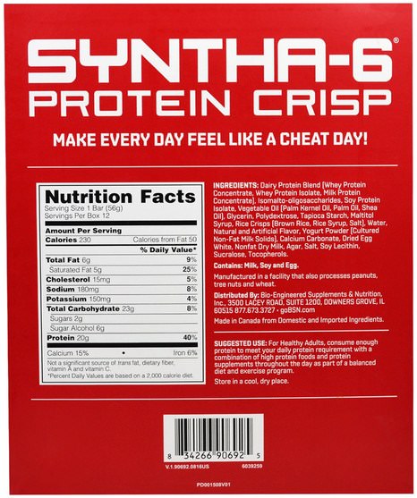 運動蛋白質，運動，蛋白質棒 - BSN, Syntha-6 Protein Crisp, Vanilla Marshmallow Flavor, 12 Bars, 1.97 oz (56 g) Each