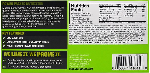 運動蛋白質，運動，蛋白質棒 - MusclePharm, Combat XL High Protein Bar, Peanut Butter Cup, 12 Bars, 38 oz (1080 g)