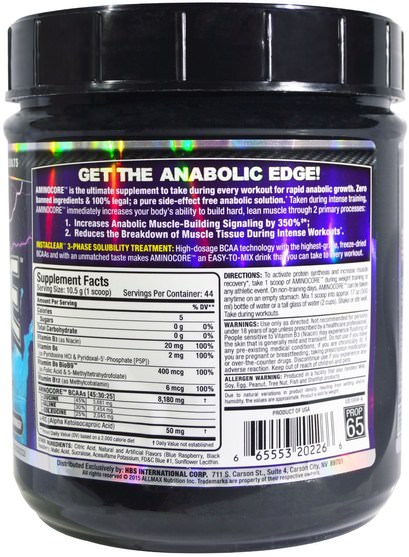 體育 - ALLMAX Nutrition, Aminocore, BCAA Max Strength, 8G Branched Chain Amino Acid, Gluten Free, Blue Raspberry, 1 lbs. (462 g)