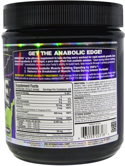 體育 - ALLMAX Nutrition, Aminocore, BCAA Max Strength, 8G Branched Chain Amino Acid, Gluten Free, Key Lime Cherry, 1 lbs (462 g)