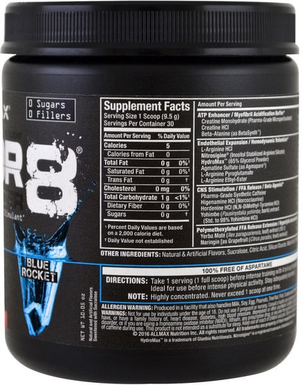 體育 - ALLMAX Nutrition, Razor 8, Pre-Workout Energy Drink with Yohimbine, Blue Rocket, 10.05 oz (285 g)
