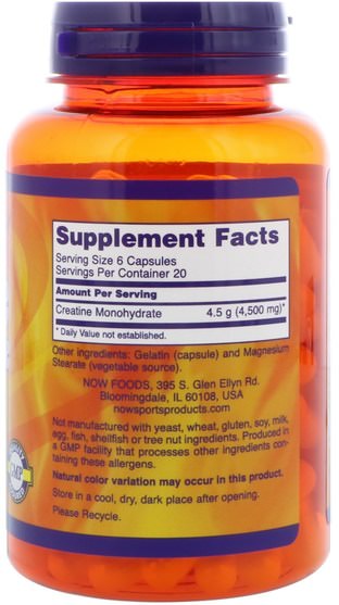 運動，肌酸膠囊 - Now Foods, Sports, Creatine Monohydrate, 750 mg, 120 Capsules