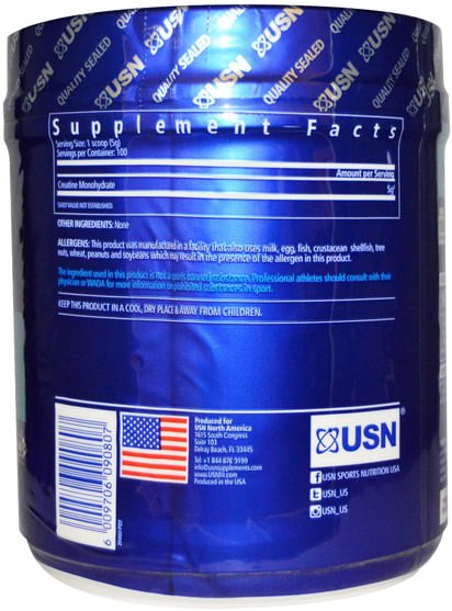 運動，肌酸粉，鍛煉 - USN, Creatine, Pure Micronized Powder, Unflavored, 1.1 lbs (500 g)