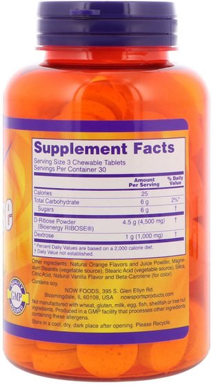 運動，核糖 - Now Foods, Sports, D-Ribose, Chewable, Natural Orange Juice Flavor, 1.500 mg, 90 Tablets