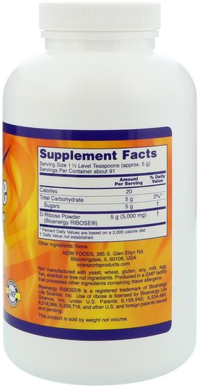 運動，核糖 - Now Foods, Sports, D-Ribose Powder, 1 lb (454 g)