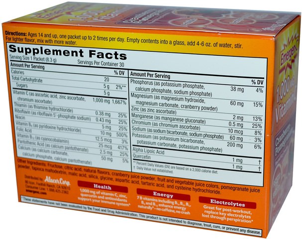 運動，電解質飲料補水 - Emergen-C, 1.000 mg Vitamin C, Cranberry-Pomegranate, 30 Packets, 8.3 g Each