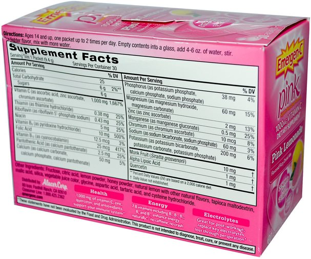 運動，電解質飲料補水 - Emergen-C, Pink, 1.000 mg Vitamin C, Pink Lemonade, 30 Packets, 9.9 g Each