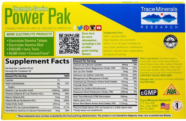 運動，電解質飲料補水 - Trace Minerals Research, Electrolyte Stamina, Power Pak, 1200 mg, Lemon Lime, 30 Packets, 0.17 oz (4.9 g) Each