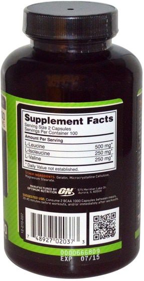 體育 - Optimum Nutrition, BCAA 1000 Caps, Mega-Size, 1.000 mg, 200 Capsules