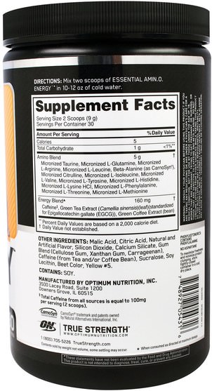 體育 - Optimum Nutrition, Essential Amino Energy, Peach Lemonade, 9.5 oz (270 g)