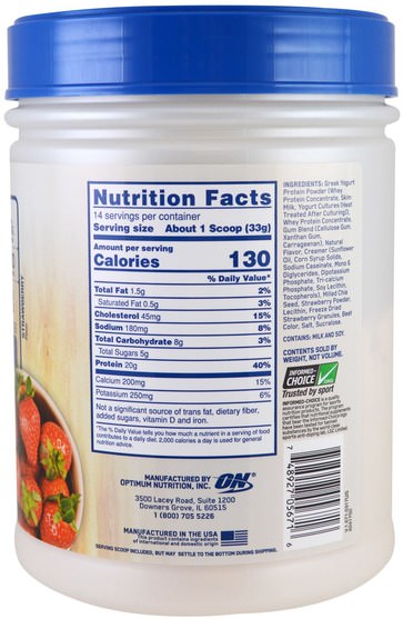 體育 - Optimum Nutrition, Greek Yogurt, Protein Smoothie, Strawberry, 1.02 lb (462 g)