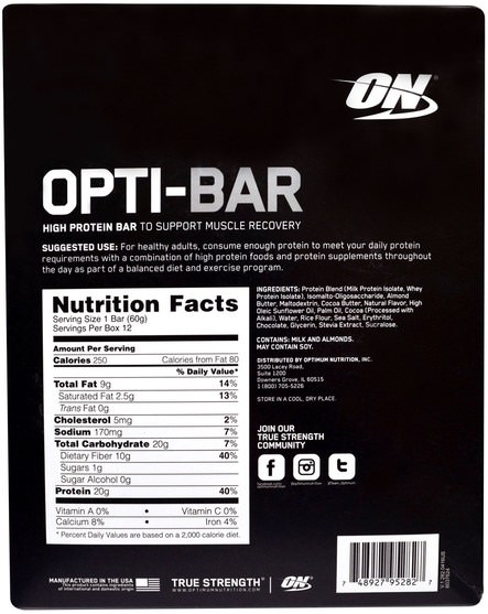 體育 - Optimum Nutrition, Opti-Bar High Protein Bar, Cookies n Cream, 12 Bars - 2.1 oz (60 g) Each