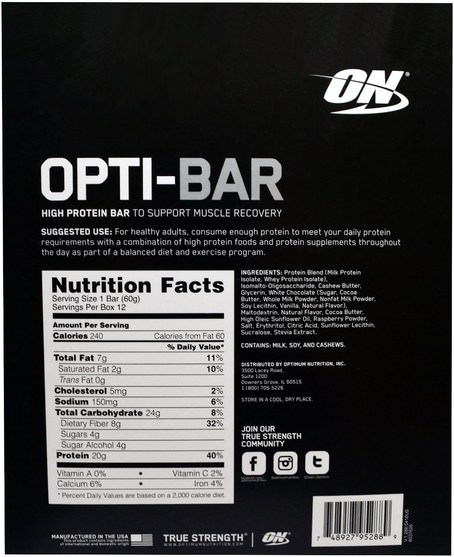 體育 - Optimum Nutrition, Opti-Bar High Protein Bar, White Chocolate Raspberry, 12 Bars, 2.1 oz (60 g) Each