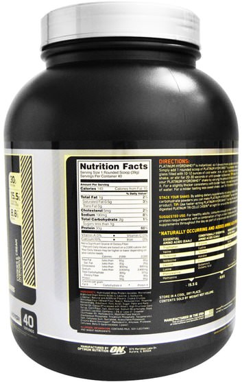 體育 - Optimum Nutrition, Platinum Hydro Whey, Cookies & Cream Overdrive, 3.5 lb (1.59 kg)