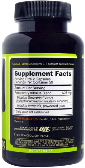體育 - Optimum Nutrition, Tribulus, 625 mg, 100 Capsules