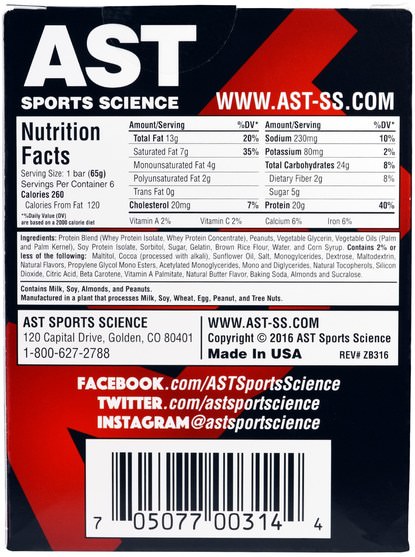 運動，蛋白質棒 - AST Sports Science, Zilla Protein Bars, Chocolate Peanut Butter Cup, 6 Bars - 13.76 oz (390 g)