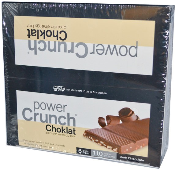 運動，蛋白質棒 - BNRG, Power Crunch, Protein Energy Bar, Choklat, Dark Chocolate, 12 Bars, 1.54 oz (43 g) Each