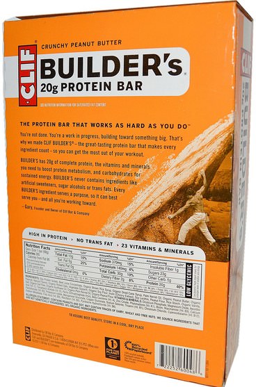 運動，蛋白質棒 - Clif Bar, Builders Protein Bar, Crunchy Peanut Butter, 12 Bars, 2.4 oz (68 g) Each