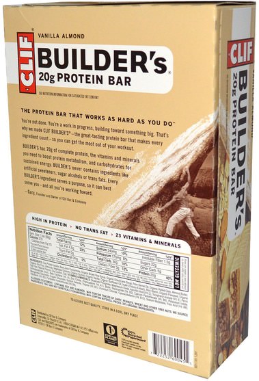 運動，蛋白質棒 - Clif Bar, Builders Protein Bar, Vanilla Almond, 12 Bars, 2.4 oz (68 g) Per Bar
