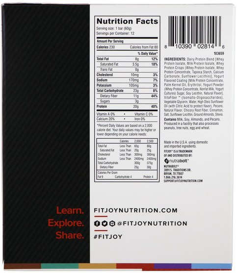 運動，蛋白質棒 - FITJOY, Protein Bar, Frosted Cinnamon Roll, 12 Bars, 2.11 oz (60 g) Each