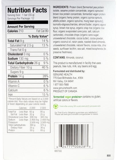 運動，蛋白質棒 - Genuine Health Corporation, Fermented Vegan Proteins +, Dark Chocolate Almond, 12 Protein Bars, 1.94 oz (55 g) Each