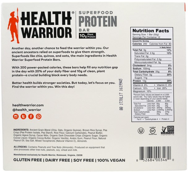 運動，蛋白質棒 - Health Warrior, Superfood Protein Bar, Peanut Butter Cacao, 12 Bars, 50 g Each