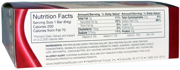 熱敏產品，運動，蛋白棒 - HealthSmart Foods, ChocoRite, Cookie Dough, Protein Bar, 12 Bars, 2.26 oz (64 g) Each