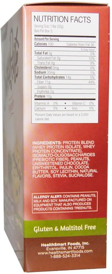 熱敏產品，運動，蛋白棒 - HealthSmart Foods, ChocoRite Protein, Peanut Butter, Sugar Free, 5 Bars, 32 g Each