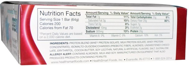 熱敏產品，運動，蛋白棒 - HealthSmart Foods, ChocoRite Protein Bar, Double Chocolate Extreme, 12 Bars, 2.26 oz (64 g) Each