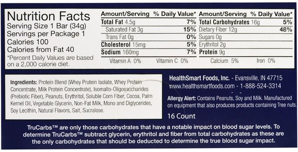 運動，蛋白質棒 - HealthSmart Foods, ChocoRite Protein Bar, Peanut Butter, 16 Bars - 1.2 oz (34 g) Each