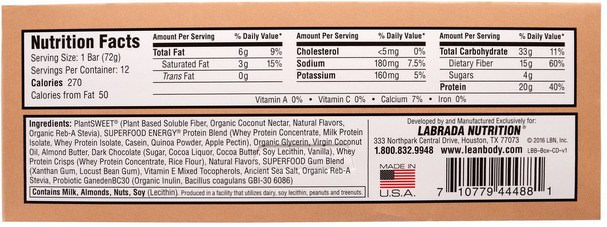 運動，蛋白質棒 - Labrada Nutrition, Lean Body Protein Bar, Cookie Dough Flavor, 12 Bars, 2.54 oz (72 g) Each