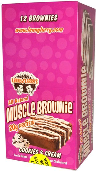 運動，蛋白質棒 - Lenny & Larrys, Muscle Brownie, Cookies & Cream, 12 Brownies, 2.82 oz (80 g) Each