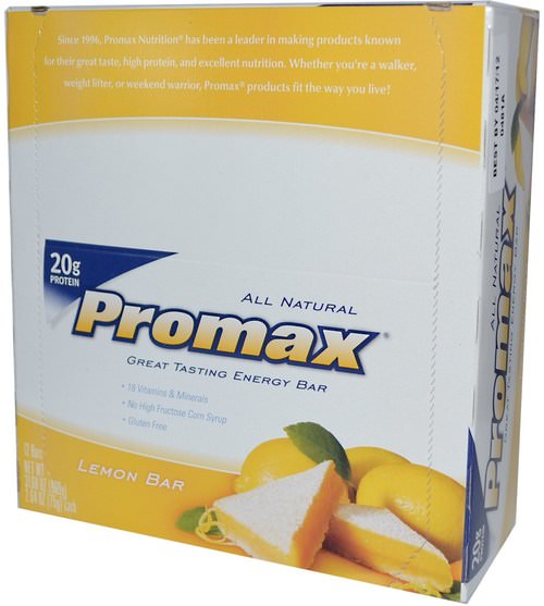 運動，蛋白質棒，代餐奶昔 - Promax Nutrition, Energy Bar, Lemon Bar, 12 Bars, 2.64 oz (75 g) Each