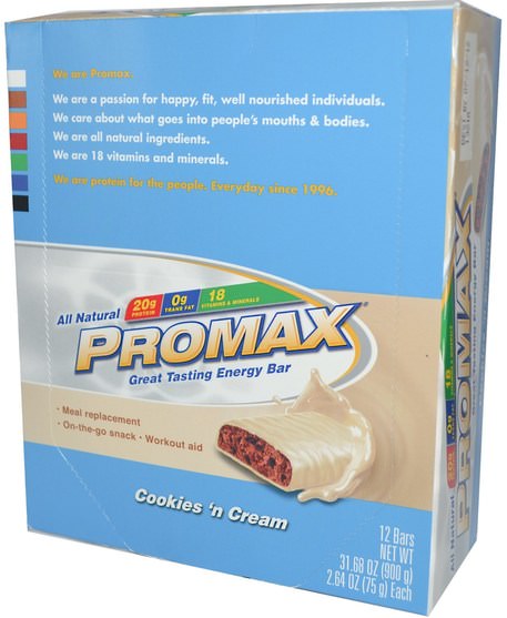 運動，蛋白質棒，代餐奶昔 - Promax Nutrition, Energy Bars, Cookies N Cream, 12 Bars, 2.64 oz (75 g) Each