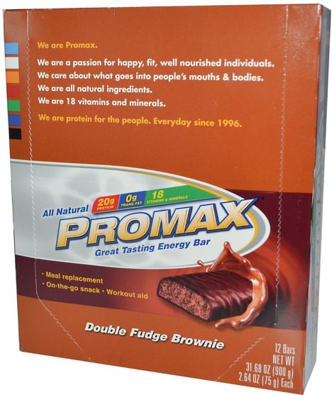 運動，蛋白質棒，代餐奶昔 - Promax Nutrition, Energy Bars, Double Fudge Brownie, 12 Bars, 2.64 oz (75 g) Each