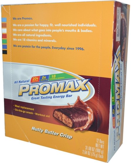 運動，蛋白質棒，代餐奶昔 - Promax Nutrition, Energy Bars, Nutty Butter Crisp, 12 Bars, 2.64 (75 g) Each