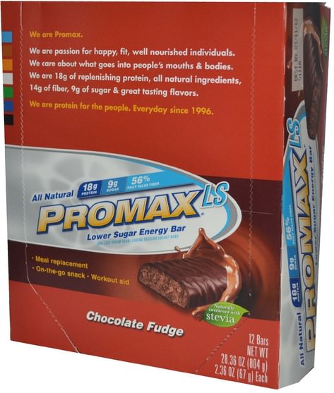 運動，蛋白質棒，代餐奶昔 - Promax Nutrition, LS, Lower Sugar Energy Bar, Chocolate Fudge, 12 Bars, 2.36 oz (67 g) Each