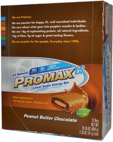 運動，蛋白質棒，代餐奶昔 - Promax Nutrition, Promax LS, Lower Sugar Energy Bar, Peanut Butter Chocolate, 12 Bars, 2.36 oz (67 g) Each