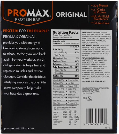 運動，蛋白質棒，代餐奶昔 - Promax Nutrition, Protein Bar, Original, Chocolate Chip Cookie Dough, 12 Bars, 2.64 oz (75 g) Each