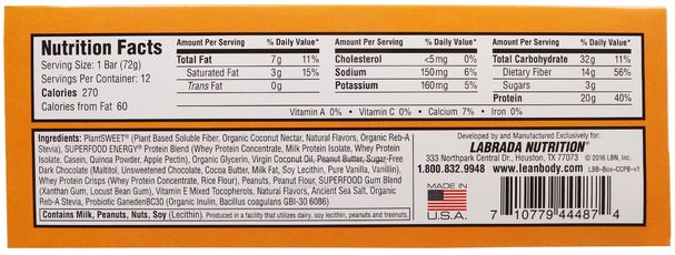 運動，蛋白質棒，肌肉 - Labrada Nutrition, Lean Body Protein Bar, Peanut Butter Chocolate Chip Flavor, 12 Bars, 2.54 oz (72 g) Each