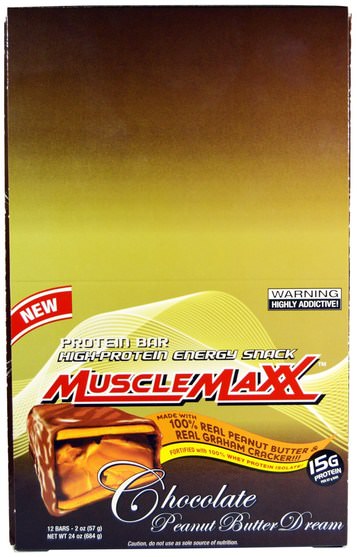 運動，蛋白質棒 - MuscleMaxx, High-Protein Energy Snack, Chocolate Peanut Butter Dream, 12 Bars, 2 oz (57 g) Each