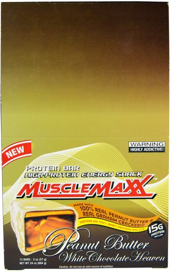 運動，蛋白質棒 - MuscleMaxx, High-Protein Energy Snack, Protein Bar, Peanut Butter White Chocolate Heaven, 12 Bars, 2 oz (57 g)