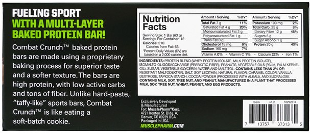 運動，蛋白質棒 - MusclePharm, Combat Crunch Bar, Chocolate Peanut Butter Cup, 12 Bars, 63 g Each