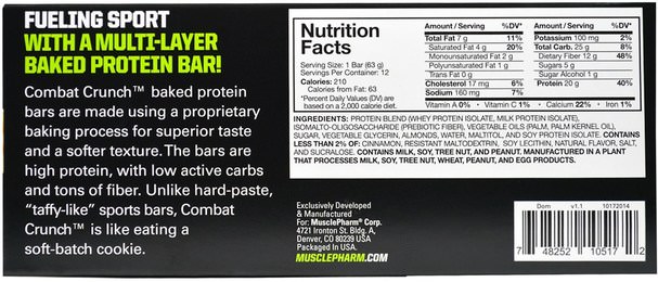運動，蛋白質棒 - MusclePharm, Combat Crunch, Cinnamon Twist, 12 Bars, 63 g Each