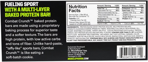 運動，蛋白質棒 - MusclePharm, Combat Crunch, Smores, 12 Bars, 2.22 oz (63 g) Each