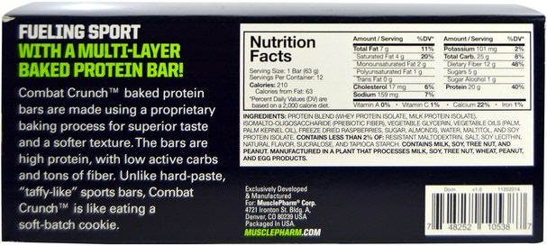 運動，蛋白質棒 - MusclePharm, Combat Crunch, White Chocolate Raspberry, 12 Bars, 2.22 oz (63 g) Each