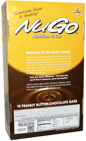 運動，蛋白質棒 - NuGo Nutrition, Nutrition To Go, Peanut Butter Chocolate Bars, 15 Bars, 1.76 oz (50 g) Each