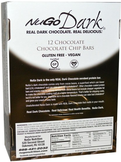 運動，蛋白質棒 - NuGo Nutrition, Organic Protein Bars, Dark Chocolate Chip, 12 Bars, 1.76 oz (50 g) Each